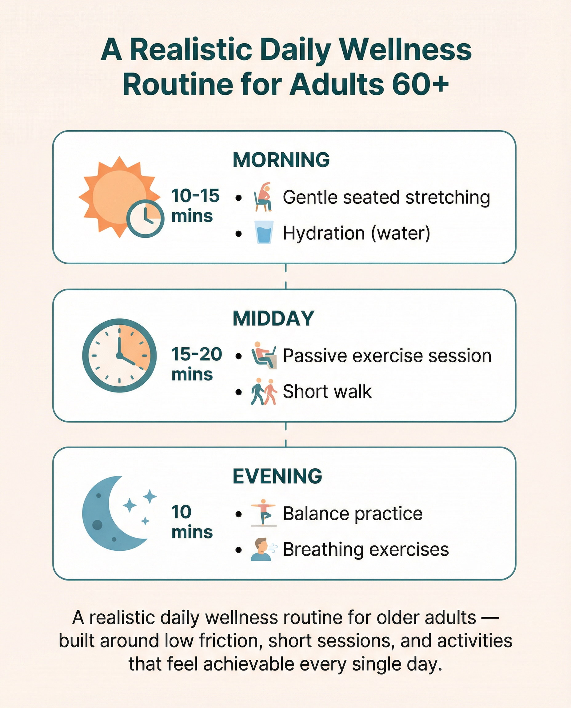 Infographic showing a realistic daily wellness routine for Singaporean adults over 60 โ morning stretches, midday passive exercise session, evening balance practice